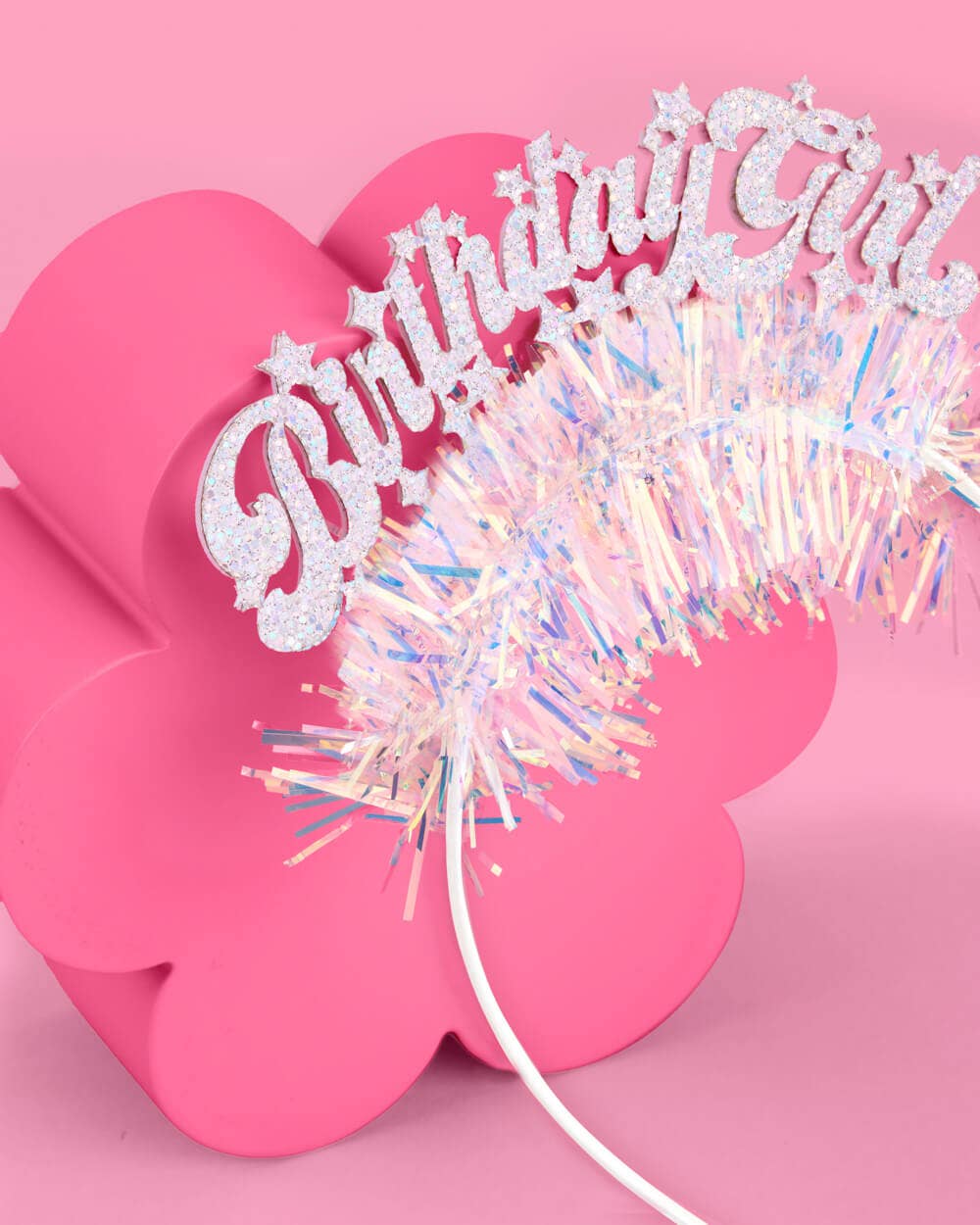 Close-up of Miss Behavin' That Bday Girl Headband glitter script and fringe texture
