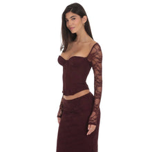 Load image into Gallery viewer, Longe Sleeve Lace Corset Top in Deep Wine