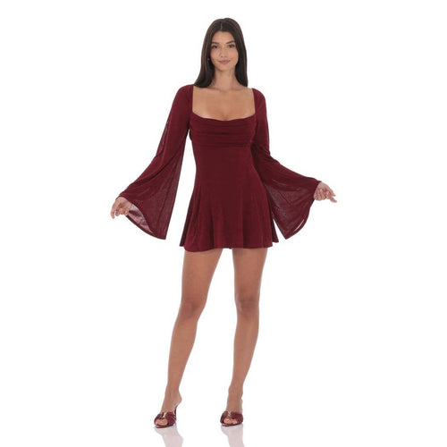 Slinky Flare Sleeve Dress in Burgundy