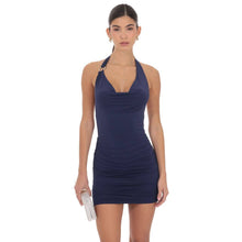 Load image into Gallery viewer, Embellished Cowl Neck Bodycon Dress in Navy