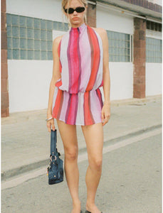 Veloria Halterneck Mini Dress In Pink Sheer Chiffon Painted Stripe