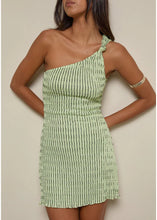 Load image into Gallery viewer, Idarius One Shoulder Mini Dress In Stripe Textured Mesh Mint