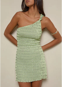 Idarius One Shoulder Mini Dress In Stripe Textured Mesh Mint