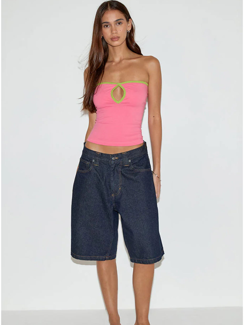 Tiria Cutout Bandeau Top In Bubble Gum With Leaf Green Binding