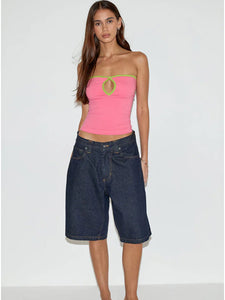 Tiria Cutout Bandeau Top In Bubble Gum With Leaf Green Binding