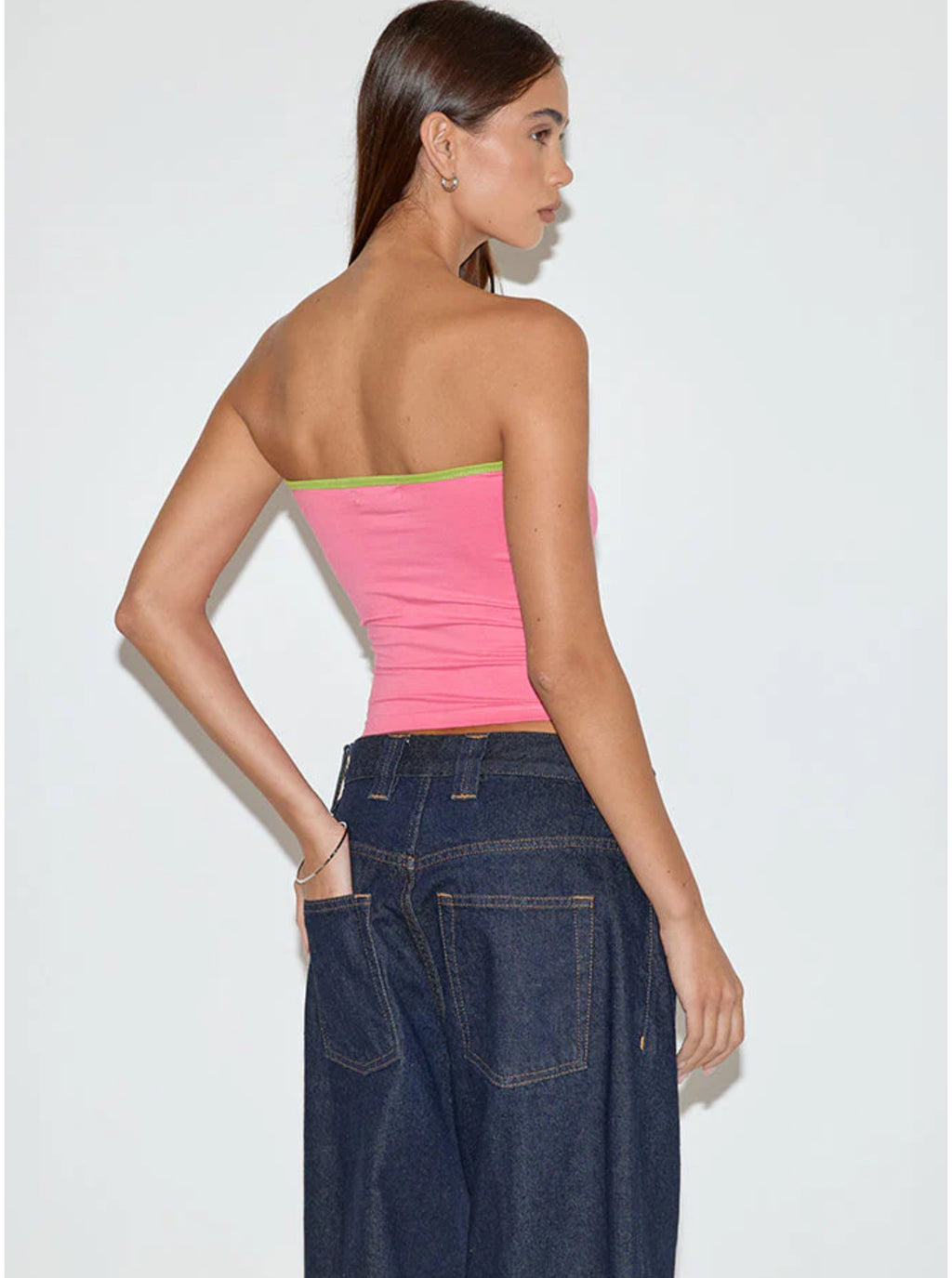 Tiria Cutout Bandeau Top In Bubble Gum With Leaf Green Binding