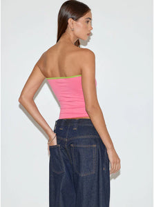 Tiria Cutout Bandeau Top In Bubble Gum With Leaf Green Binding