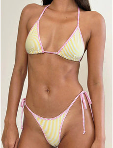 Pami Bikini Top In Yellow Stripe With Pink Gingham Binding