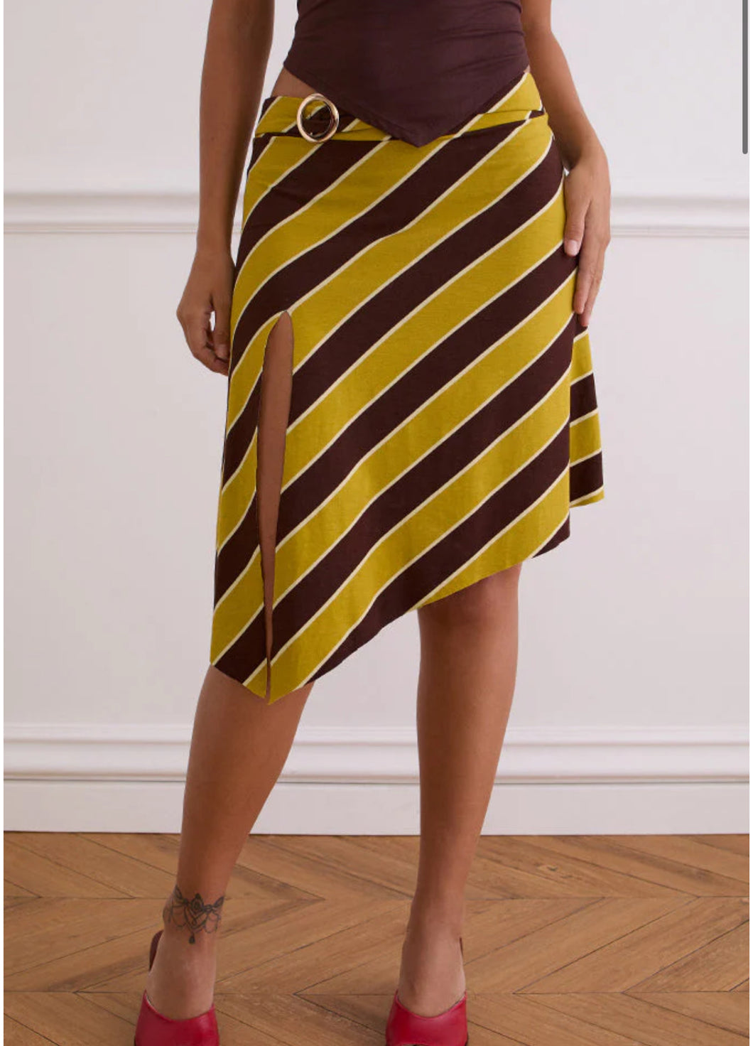 Sherry Split Midi Skirt- Stripe Retro Yellow