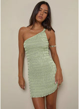 Load image into Gallery viewer, Idarius One Shoulder Mini Dress In Stripe Textured Mesh Mint