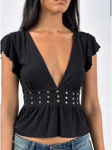 Leisma Frill Top- Jersey Black With Studs