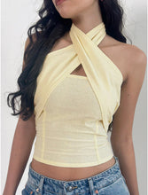 Load image into Gallery viewer, Lasy Linen Wrap Halterneck Top In Lemon