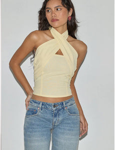 Lasy Linen Wrap Halterneck Top In Lemon