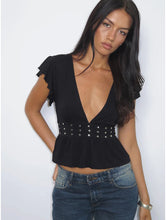 Load image into Gallery viewer, Leisma Frill Top- Jersey Black With Studs