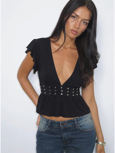 Leisma Frill Top- Jersey Black With Studs