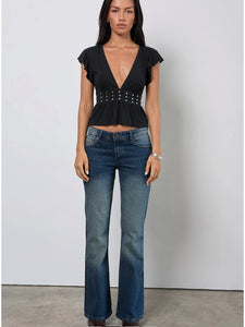 Leisma Frill Top- Jersey Black With Studs