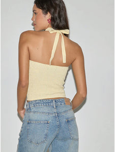 Lasy Linen Wrap Halterneck Top In Lemon