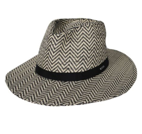 Brixton Carolina Straw Packable Hat in black and natural showing fedora shape with grosgrain band