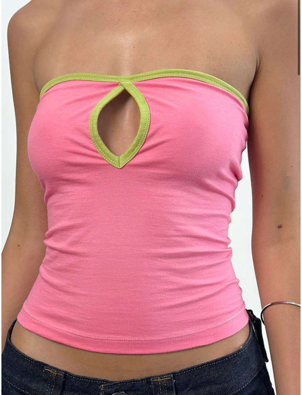 Tiria Cutout Bandeau Top In Bubble Gum With Leaf Green Binding