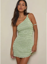 Load image into Gallery viewer, Idarius One Shoulder Mini Dress In Stripe Textured Mesh Mint