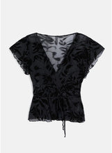 Load image into Gallery viewer, Giuliana Wrap Top In Flock Leaf Flower Black