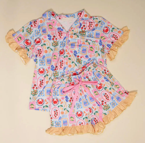 Miss Behavin' Ciao Bella Set in Italian summer print with button up collar top and ruffle hem shorts