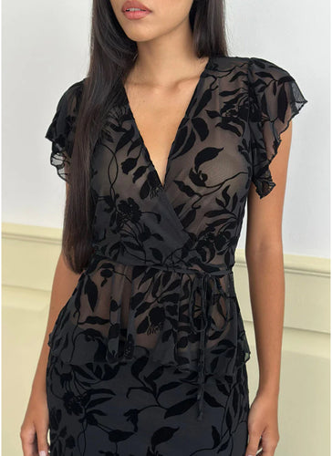 Giuliana Wrap Top In Flock Leaf Flower Black