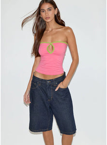 Tiria Cutout Bandeau Top In Bubble Gum With Leaf Green Binding