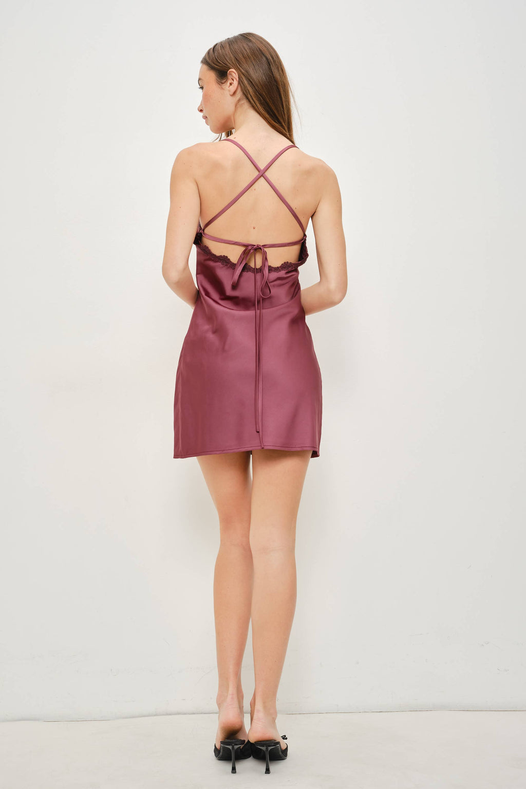 KASS SATIN LACE SLIP MINI DRESS in mauve at Miss Behavin'
