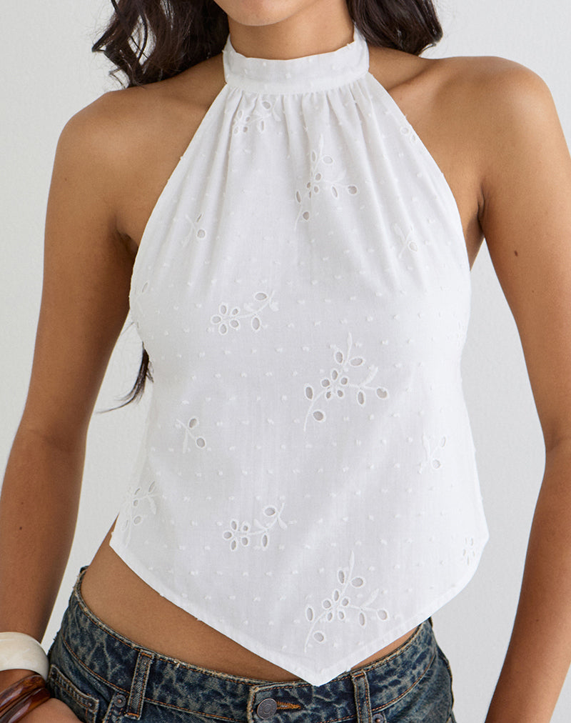 Motel Rocks Sedona Top Broderie White halterneck top with open back at Miss Behavin'