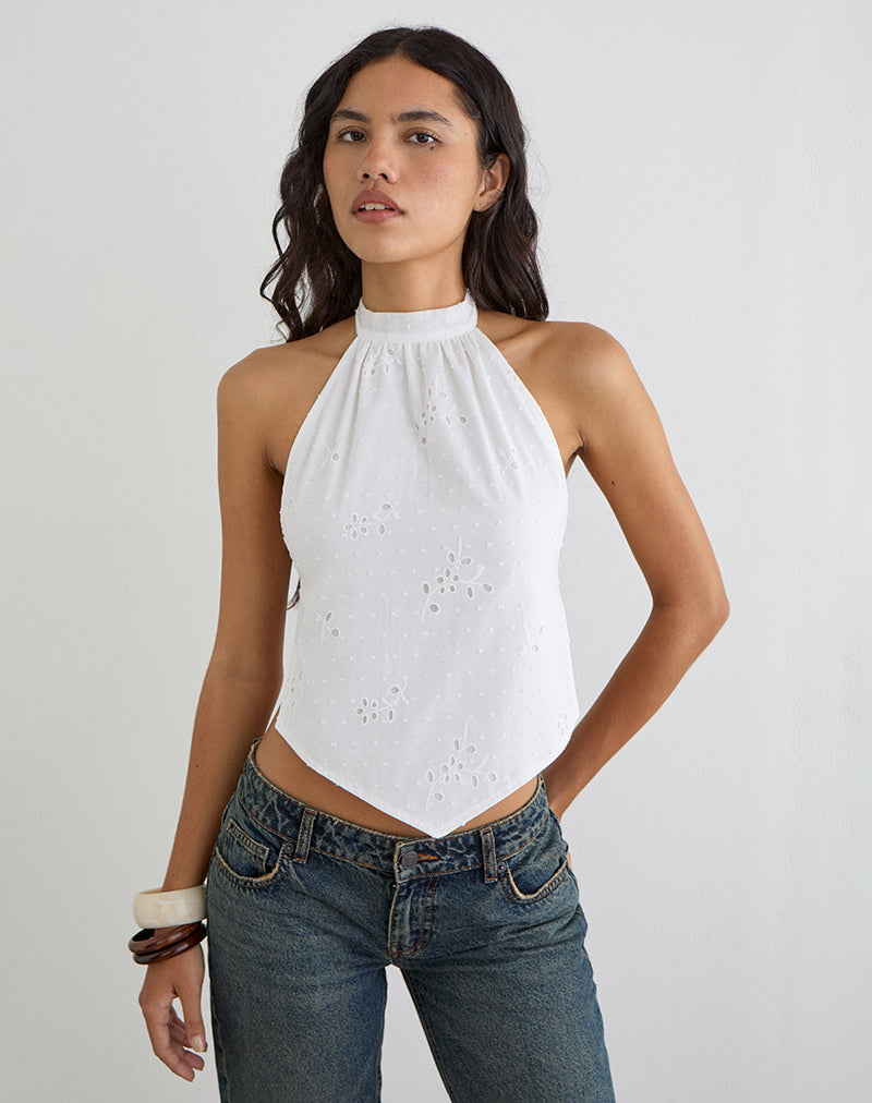 Motel Rocks Sedona Top Broderie White halterneck top with open back at Miss Behavin'