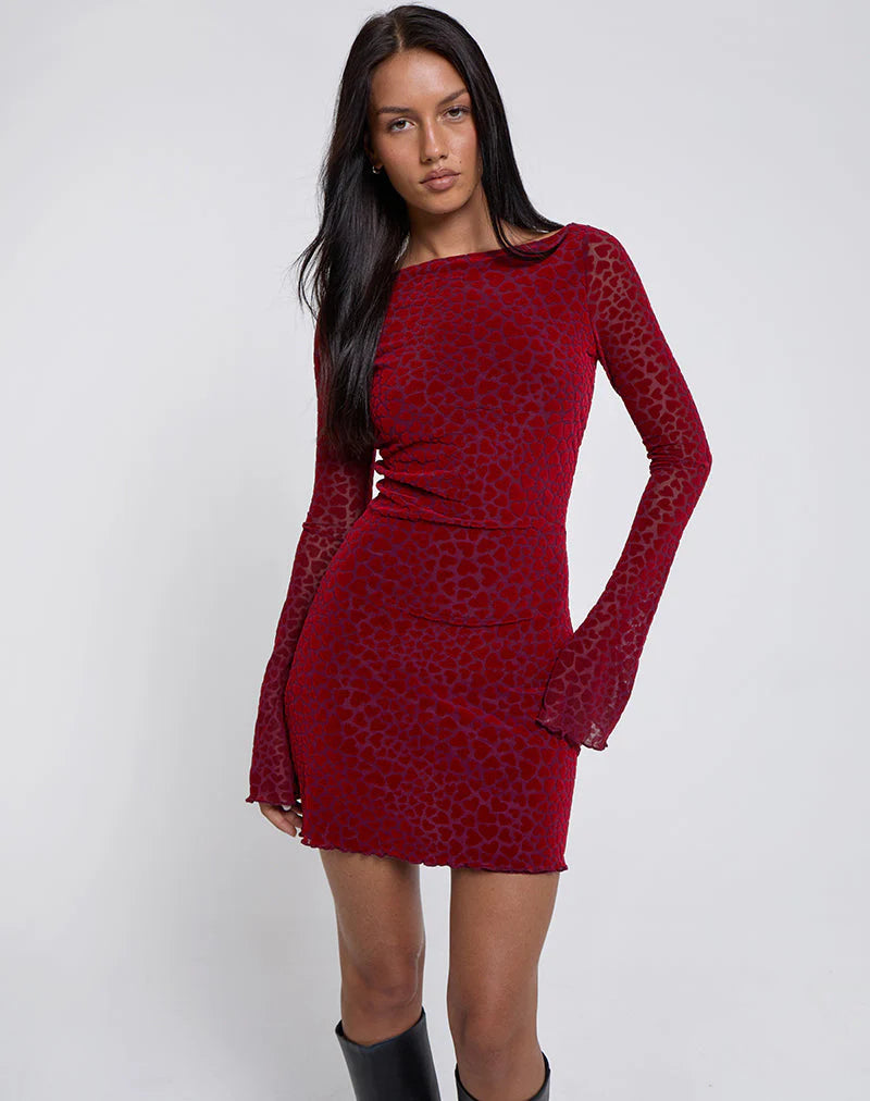Sevila Long Sleeve Mini Dress in Heart Flock - Maroon