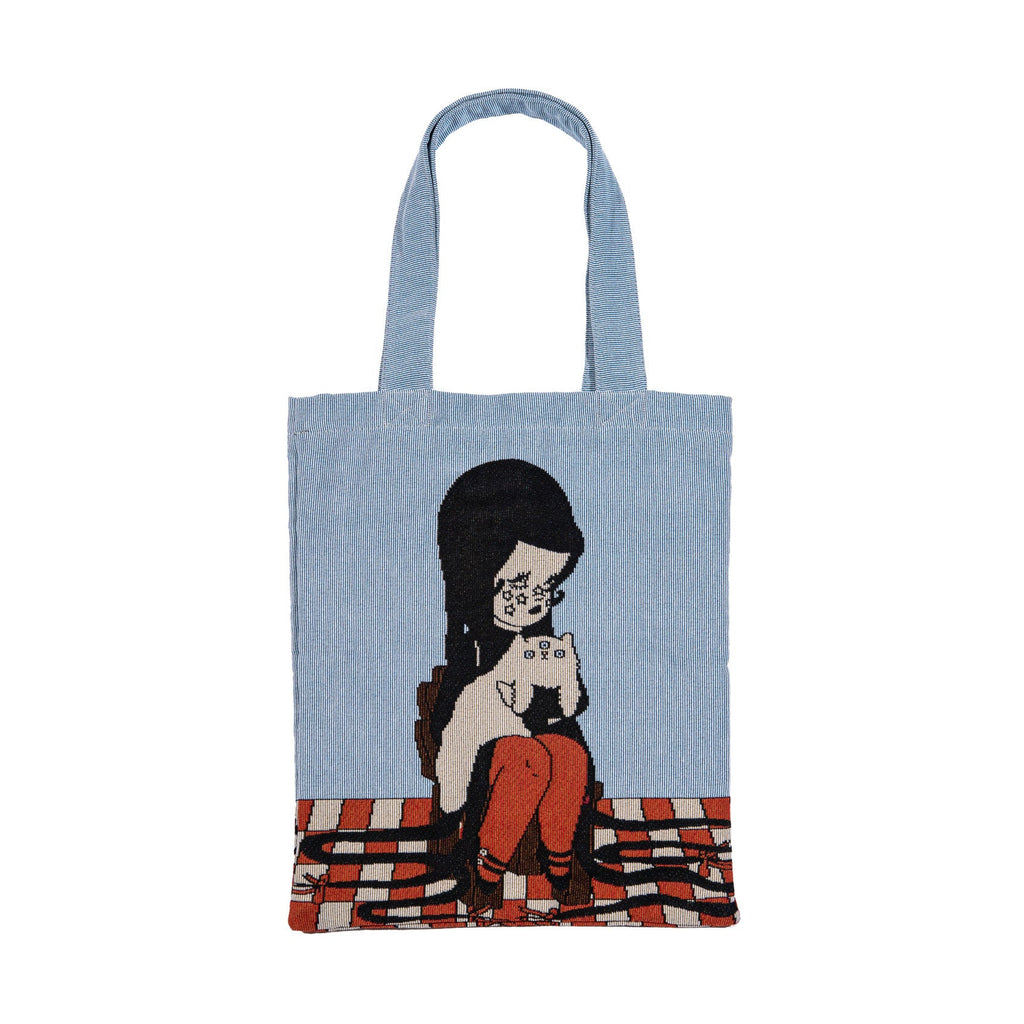 Love Cats Blanco woven tote bag at Miss Behavin'
