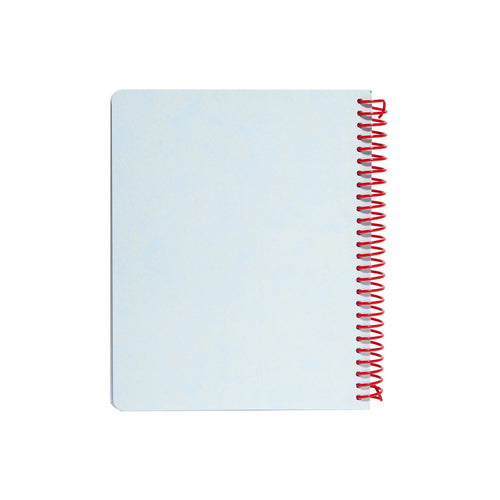 Miss Behavin' Chicle Spiral Notebook in light blue showing plain back cover and red spiral binding