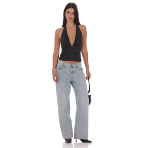 Metallic Plunge Neck Top in Black