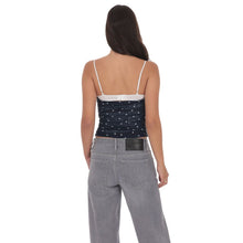 Load image into Gallery viewer, Ruched Polka Dot Mesh Top in Navy