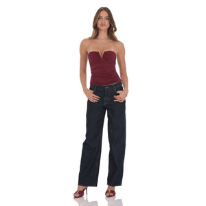 V-Strapless Ruched Top in Maroon