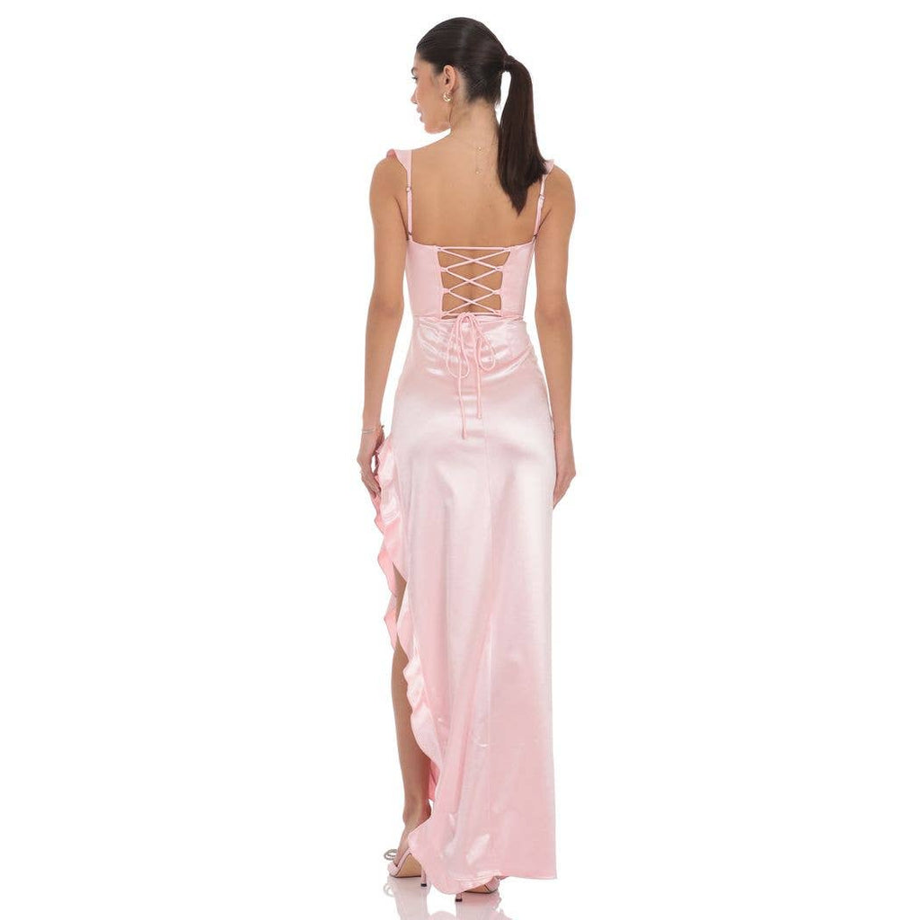 Satin Ruffle Maxi Dress in Pink