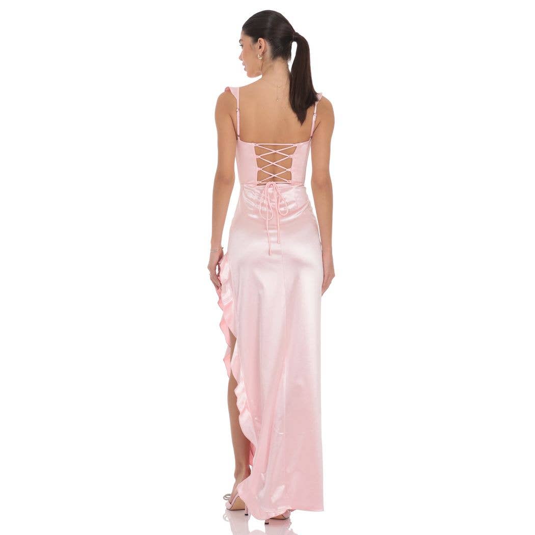 Satin Ruffle Maxi Dress in Pink