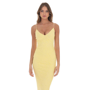 Mini Ruffle V-Neck Maxi Dress in Yellow