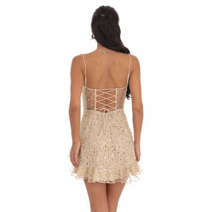 Sequin Ruffle Dress in Gold