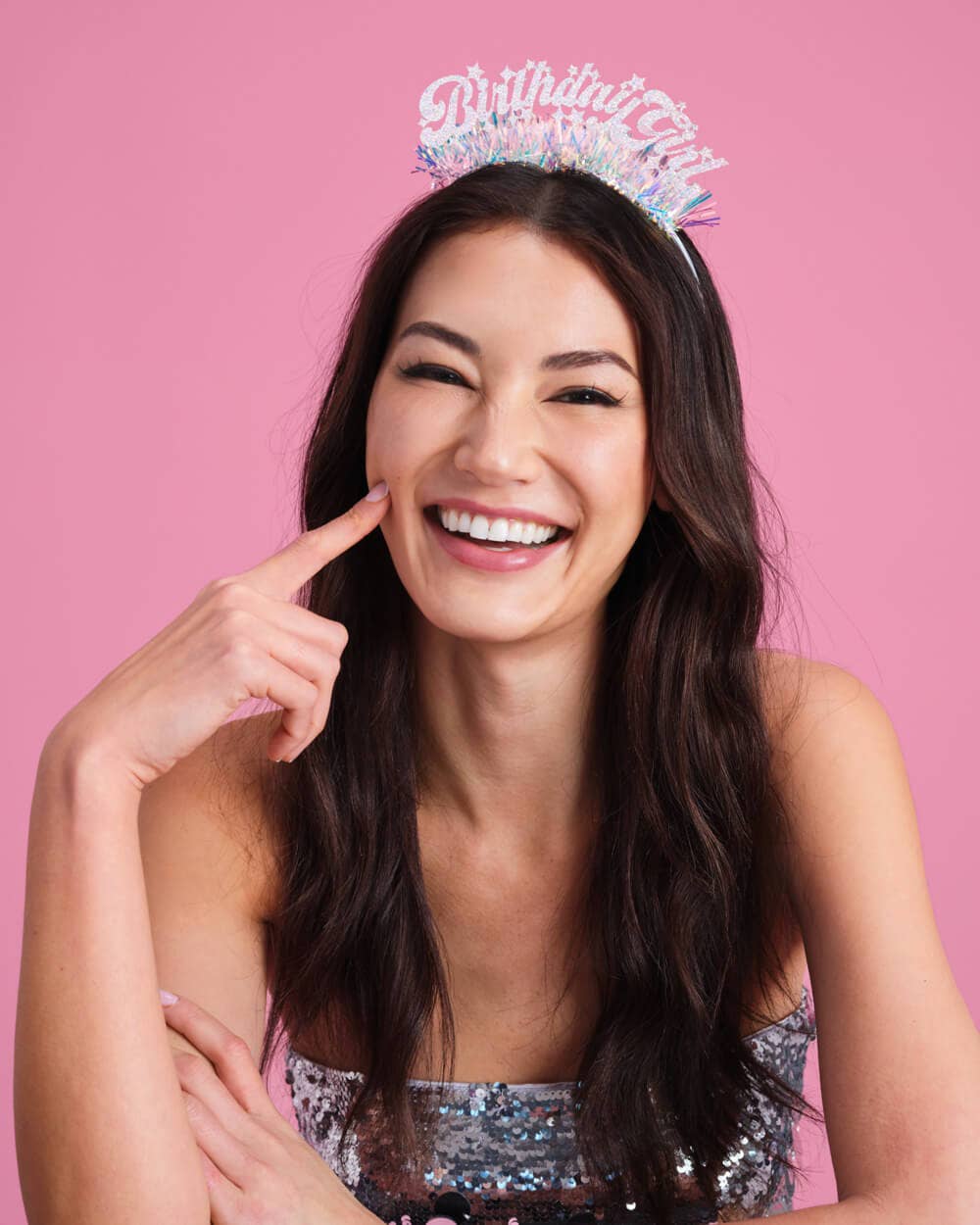 Miss Behavin' That Bday Girl Headband worn on model smiling, glitter lettering catching the light