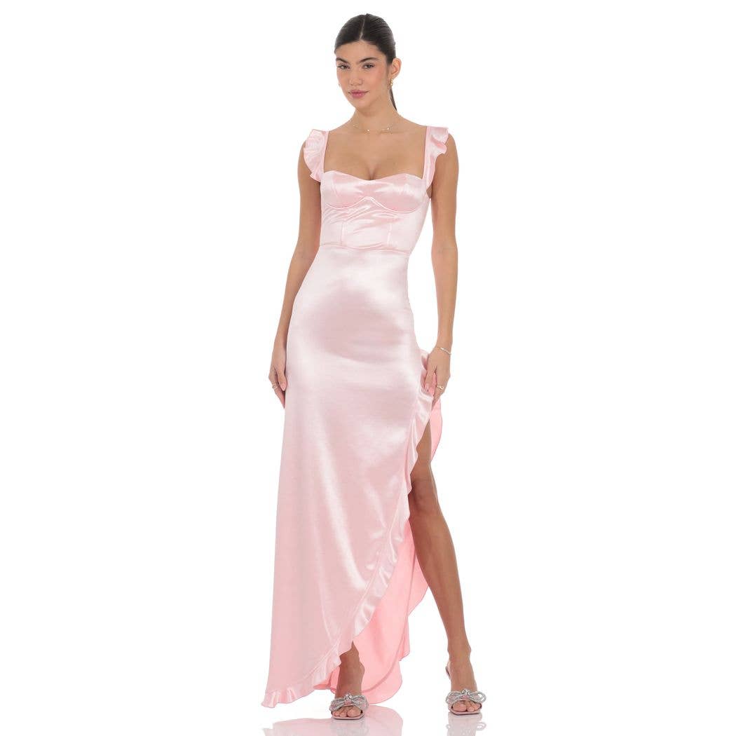 Satin Ruffle Maxi Dress in Pink