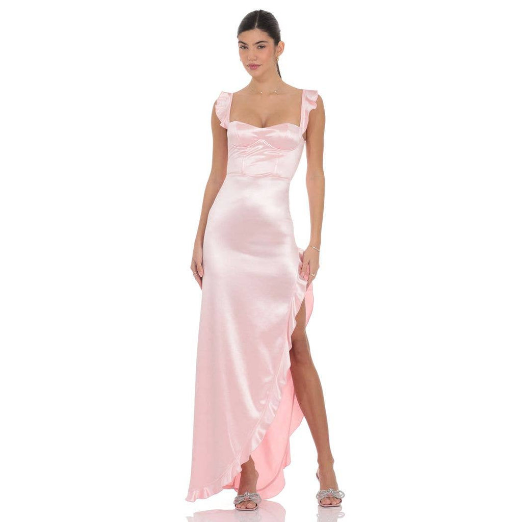 Satin Ruffle Maxi Dress in Pink