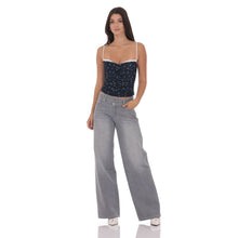 Load image into Gallery viewer, Ruched Polka Dot Mesh Top in Navy