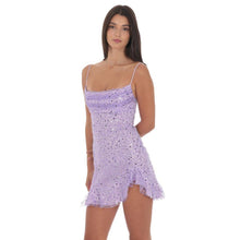 Load image into Gallery viewer, Sequin Beaded Ruffled Slit Dress in Lavender