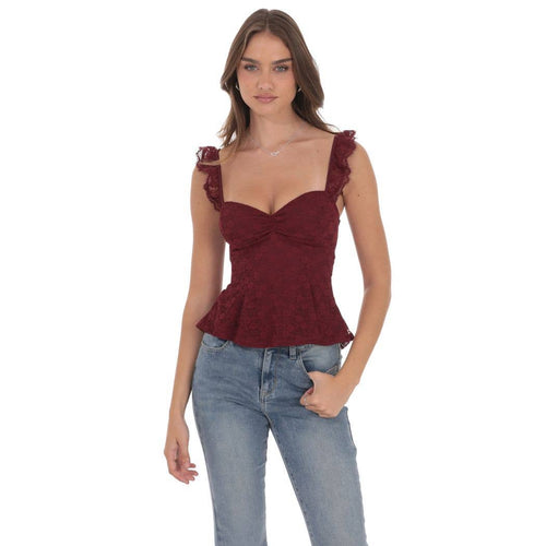 Lace Ruffle Strap Top in Burgundy