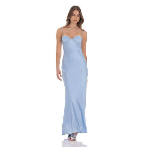 Open Back Satin Maxi Dress in Light Blue