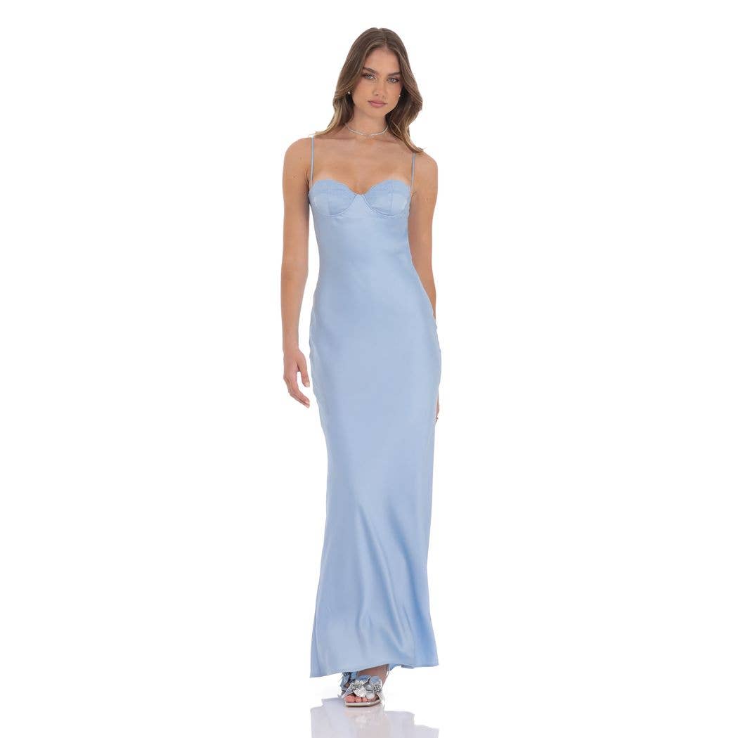 Open Back Satin Maxi Dress in Light Blue