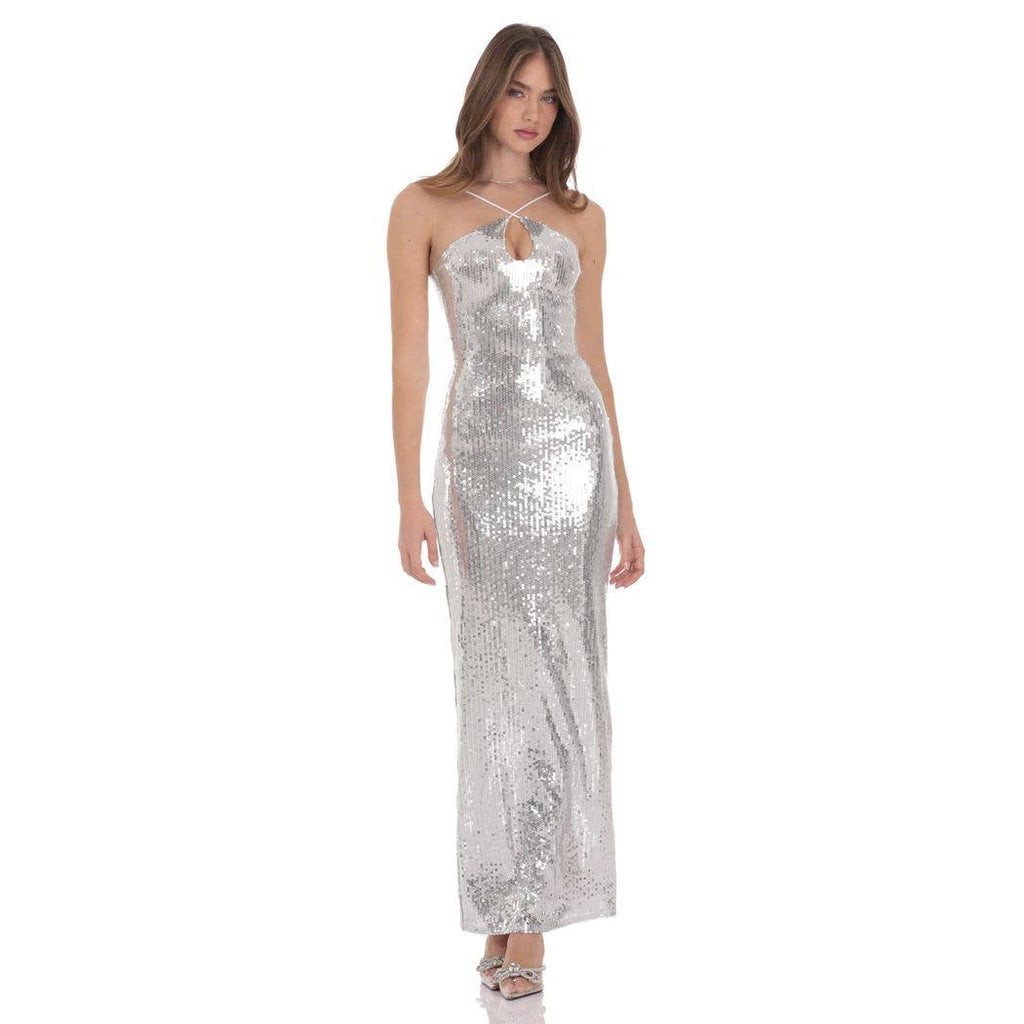 Sequin Keyhole Maxi Dress in Silver